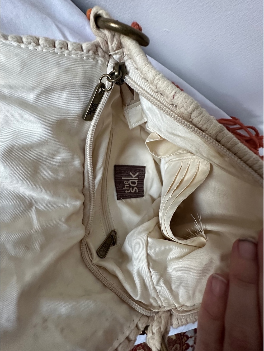 The Sak Macrame Crossbody Bag with Fringe in Beige and Coral - Picture 6 of 6
